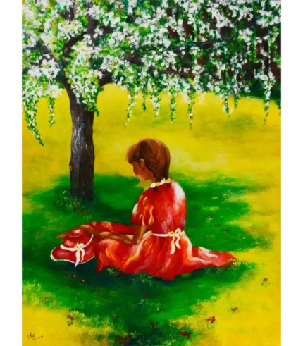 Frühlingsgefühle Originalgemälde von Elisabeth Suter, 2015, Mädchen unter blühendem Baum
