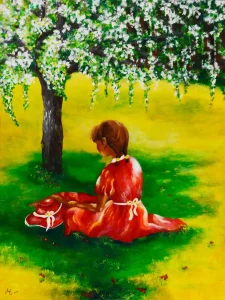 "Frühlingsgefühle" Originalgemälde von Elisabeth Suter, 2015, Mädchen unter blühendem Baum