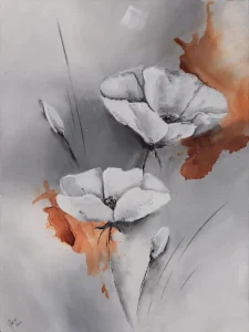 "Flower", ein Originalgemälde von Elisabeth Suter aus dem Jahr 2020, verkörpert Harmonie und Melancholie.