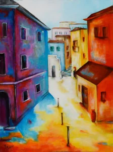 "Italy" – ein Originalgemälde von Elisabeth Suter, 2020, eingefangen in lebhaften Farben, die das Herz Italiens widerspiegeln.
