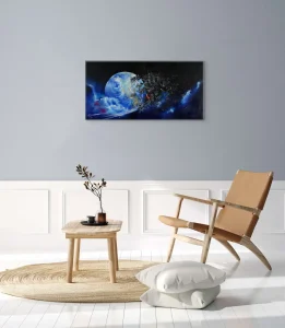 "Save the Earth" - Ein Acrylbild, das die Erde umgeben von Plastikmüll zeigt, als Appell für den Umweltschutz.