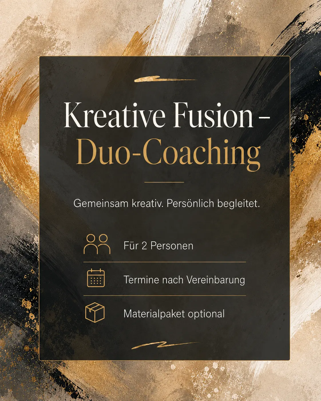 Kreative Fusion – Duo-Coaching | Atelier Elisabeth Suter Kreative Fusion Duo-Coaching mit abstraktem Hintergrund und Kurzinfos für zwei Personen