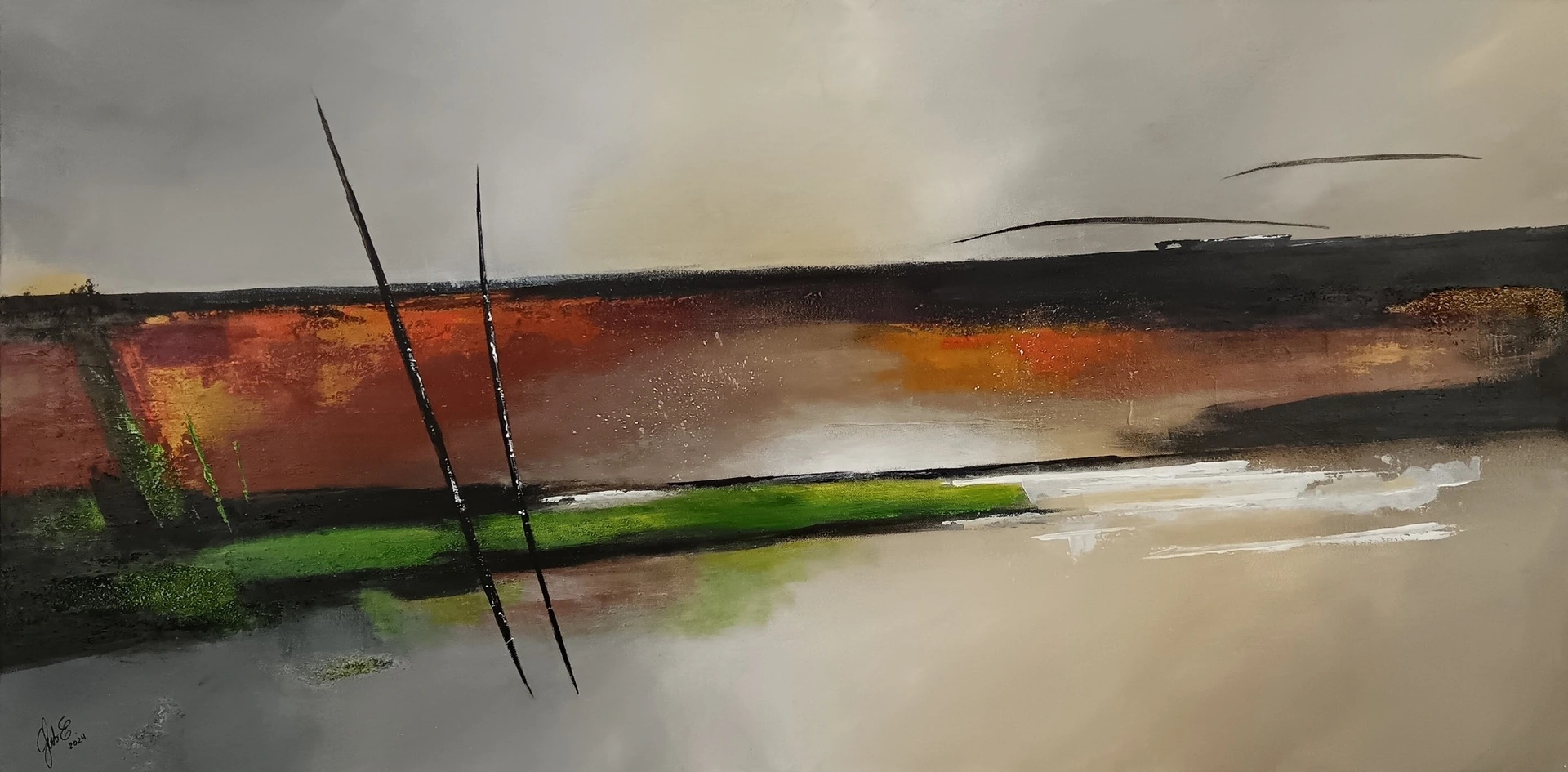 Intuition 2, abstrakte Landschaft mit Grau, Beige, Erdrot und Grün