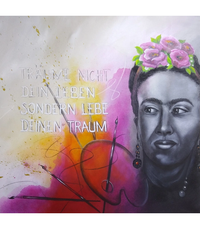 ART-1216_HOMMAGE-FRIDA-KAHLO_Vorschau Hommage an Frida Kahlo de Rivera, Porträt mit Text und leuchtenden Kontrasten