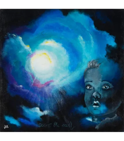 Hope – Originalkunstwerk von Elisabeth Suter, Kinderkopf vor blau-schwarzem Hintergrund mit heller Lichtkugel und türkis-blauen Farbwirbeln