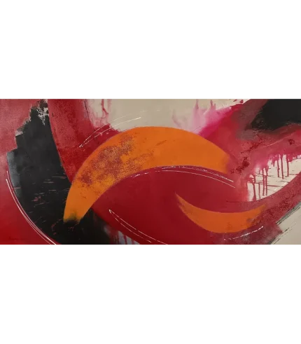 Bananas – Originalkunstwerk von Elisabeth Suter, orange Bögen auf rotem Grund mit schwarzen, beigen und weißen Elementen