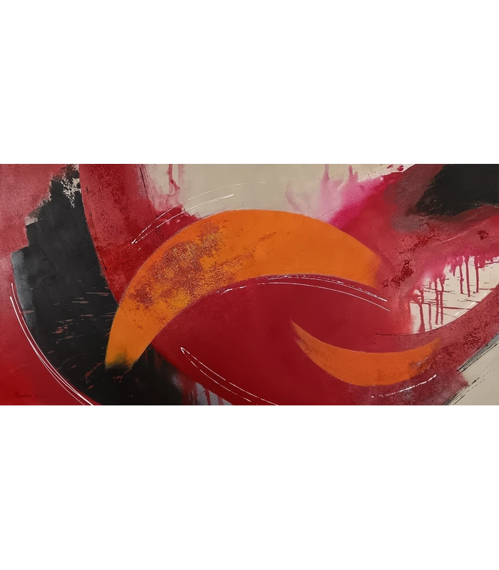 Bananas | Originalkunstwerk | Elisabeth Suter | Vorschau Bananas – Originalkunstwerk von Elisabeth Suter, orange Bögen auf rotem Grund mit schwarzen, beigen und weißen Elementen