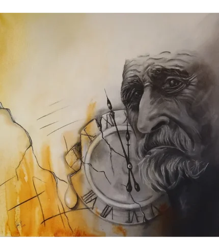 „Time waits for nobody“ – Originalkunstwerk von Elisabeth Suter, altes Gesicht mit zerbrechender Uhr in Beige, Ocker, Grau und Schwarz
