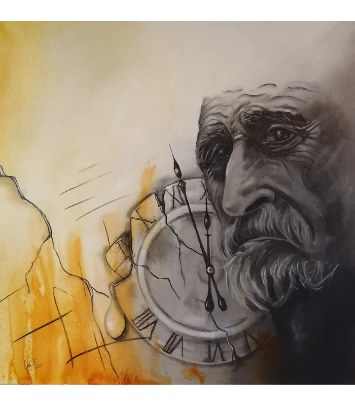 „Time waits for nobody“ – Originalkunstwerk von Elisabeth Suter, altes Gesicht mit zerbrechender Uhr in Beige, Ocker, Grau und Schwarz