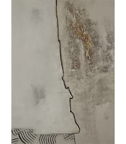 „Gegensatz 2“ – Originalkunstwerk von Elisabeth Suter, helle beige-graue Flächen mit dunkler Bruchlinie, rauer Struktur und goldfarbenen Akzenten