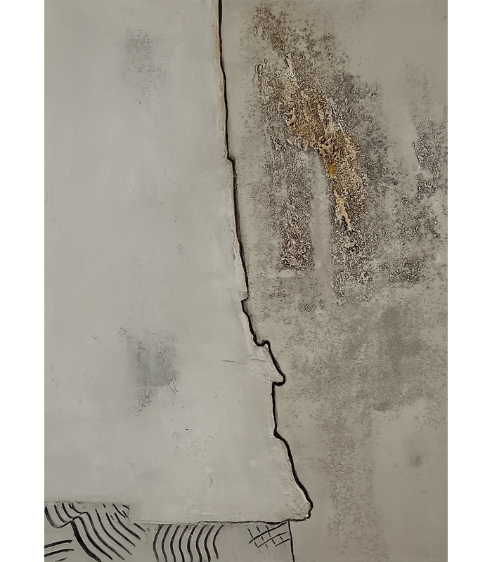 Gegensatz 2 | Originalkunstwerk | Elisabeth Suter | Vorschau „Gegensatz 2“ – Originalkunstwerk von Elisabeth Suter, helle beige-graue Flächen mit dunkler Bruchlinie, rauer Struktur und goldfarbenen Akzenten