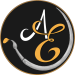 Rundes Logo des Kunst Atelier Elisabeth Suter mit AE-Monogramm und Pinsel