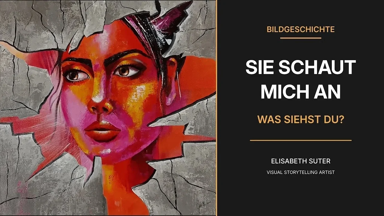 Bildgeschichte zu Sie schaut mich an | Originalgemälde von Elisabeth Suter | 60 × 60 cm | Acrylmalerei | 2025